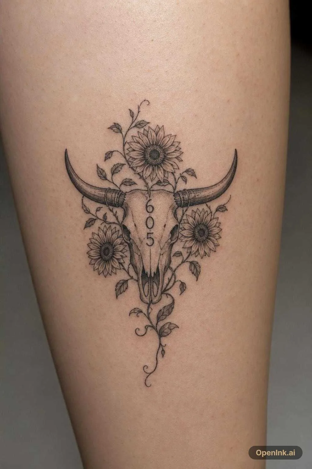 Small cow skull with sunflower vines, incorporate 605 in it somewhere