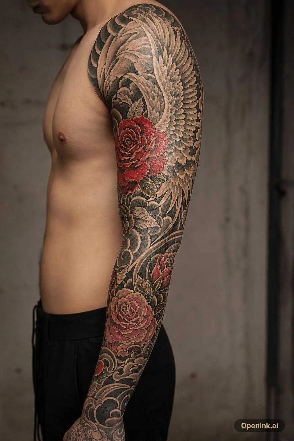 Do a tattoo a whole sleeve tattoo, with angel wings and rose portraite