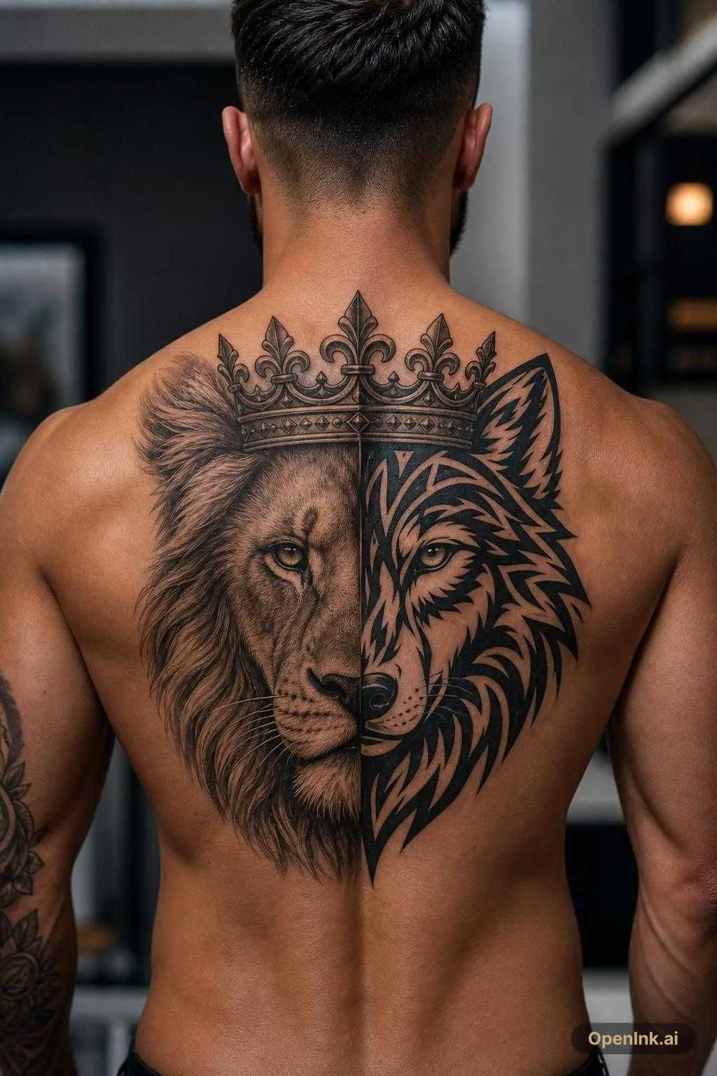 A half lion half wolf face with the lion being realistic and the wolf bei...