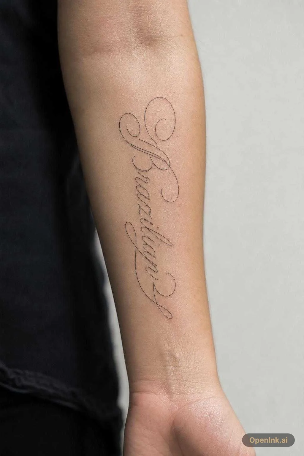 the phrase "Brazilian" in ultra-cursive tattoo script. Make the lettering...