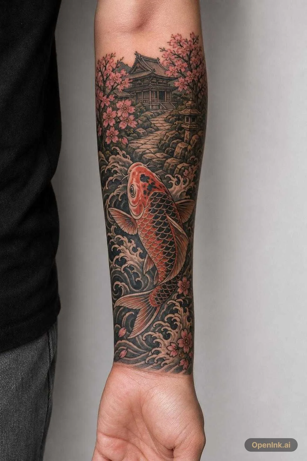 Ein Koi der vom Tempel weg schwimmt um geben von Sakura Bäumen und einem...