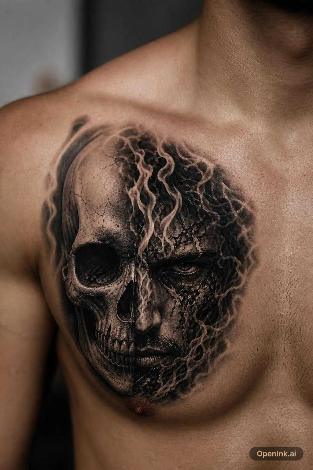 Tatuaggio volto metà scheletro metà volto che brucia