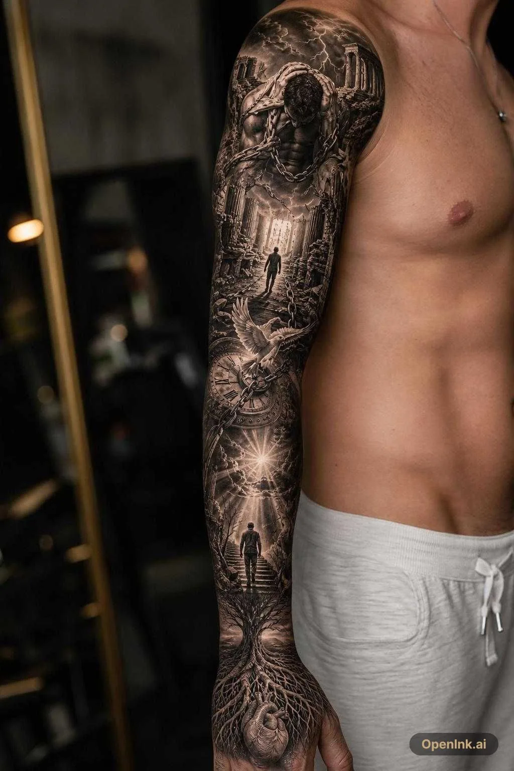 An arm sleeve tattoo that would represent guilt and regret. Something bol...