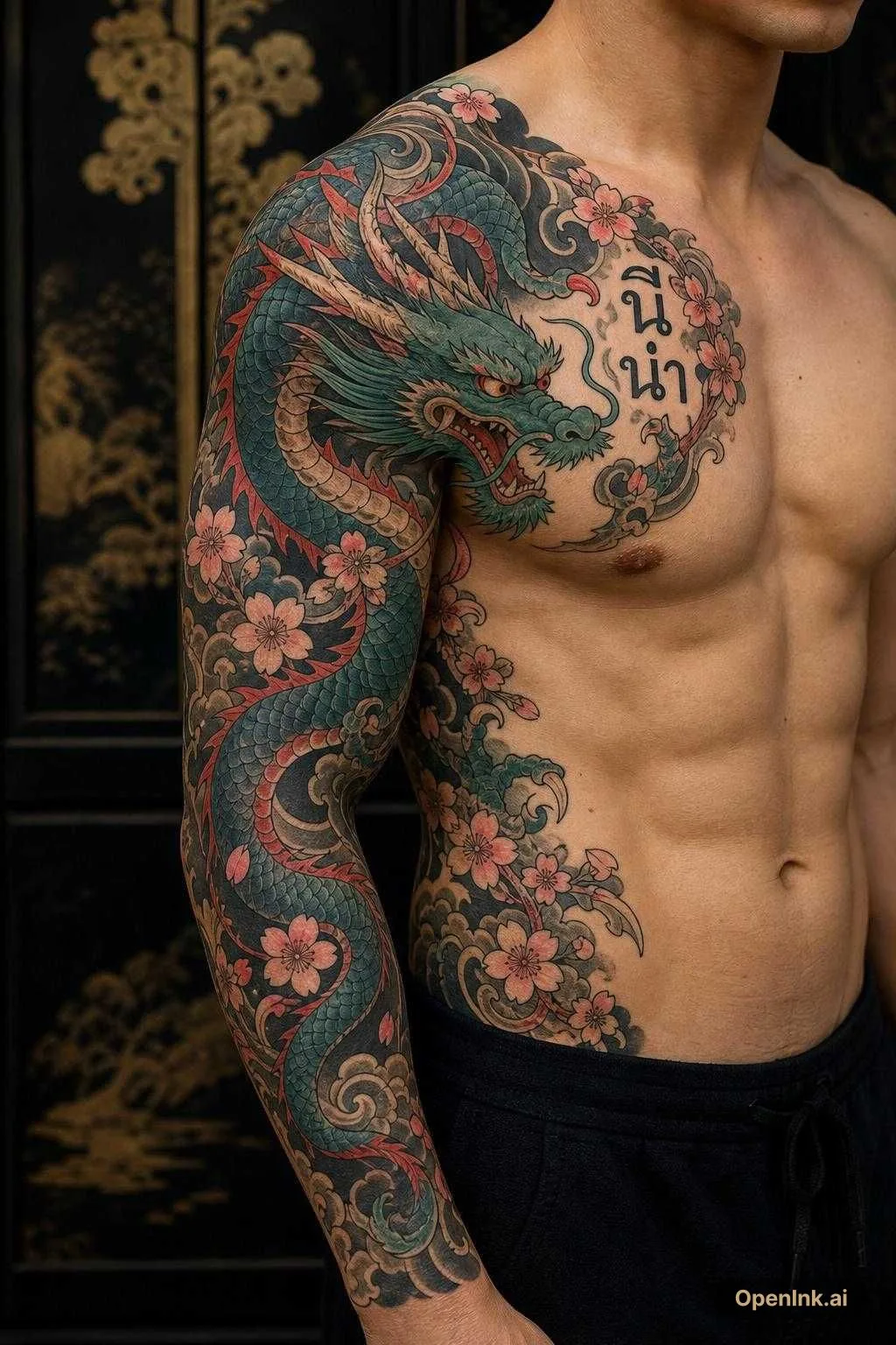 KI-Tattoo-Design basierend auf: un dragone cinese con dei fiori di ciliegio una scritta in thailandese ch...
