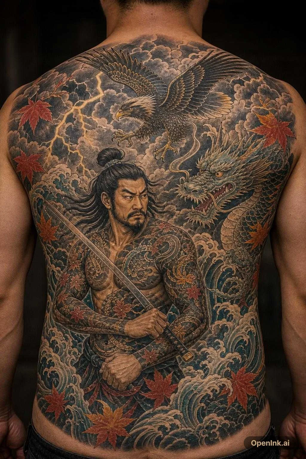 AI tattoo design based on: 我要刺日式傳統,全背,主角為張順,天空有老鷹,雲層中帶點閃電,有水龍,海浪為背景,楓葉點綴,張順眼神沉穩銳利霸氣,手拿刀不主動出擊,像是觀察全局,...