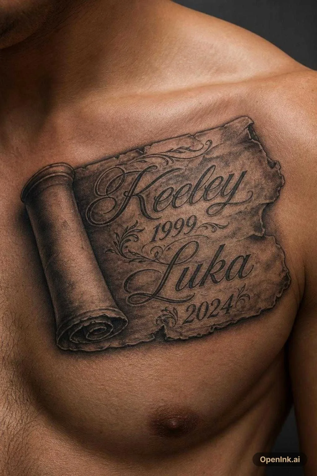 And antique style scroll half rolled out with the names keeley and luka w...
