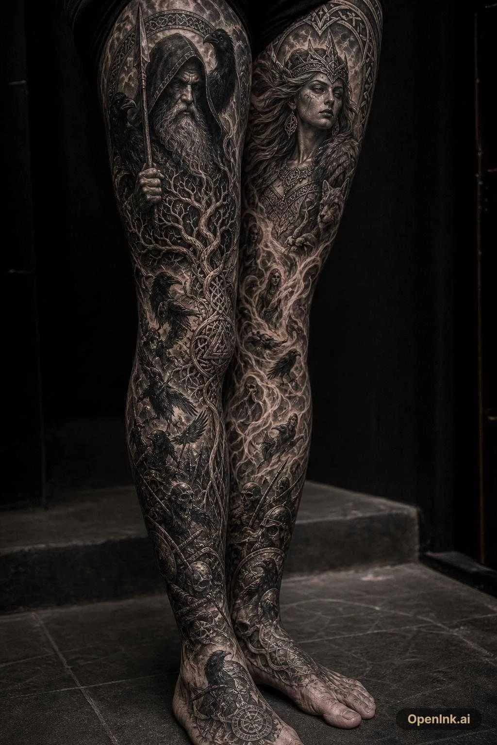 根據呢個想法生成嘅 AI 紋身設計:Das Tattoo soll als zusammenhängendes Full-Leg-Sleeve auf dem linken Bein...