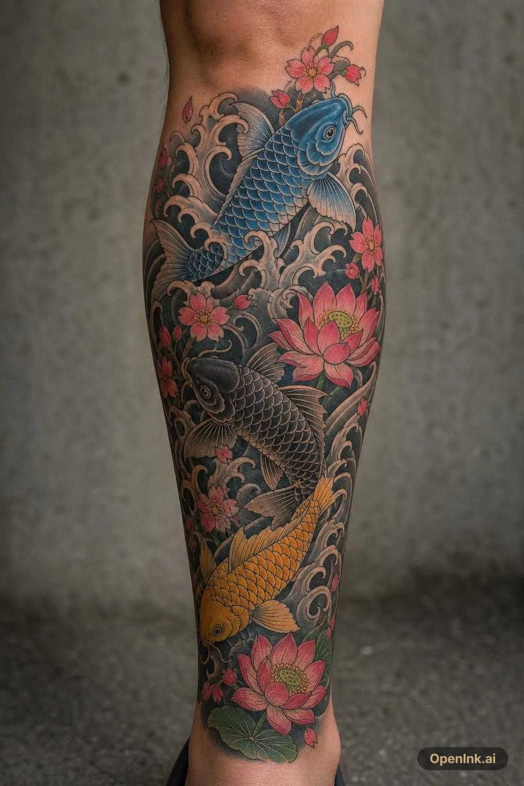 Diseño de tatuaje con IA basado en: 1 blauer koi, 1 schwarzer koi, 1 gelber koi schwimmen durch das Wasser um...
