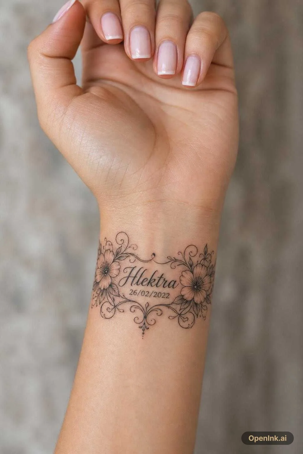 根据这个想法生成的 AI 纹身设计:A tattoo for my grandma who passed 26/02/2022 and her name was hlekrtra ....