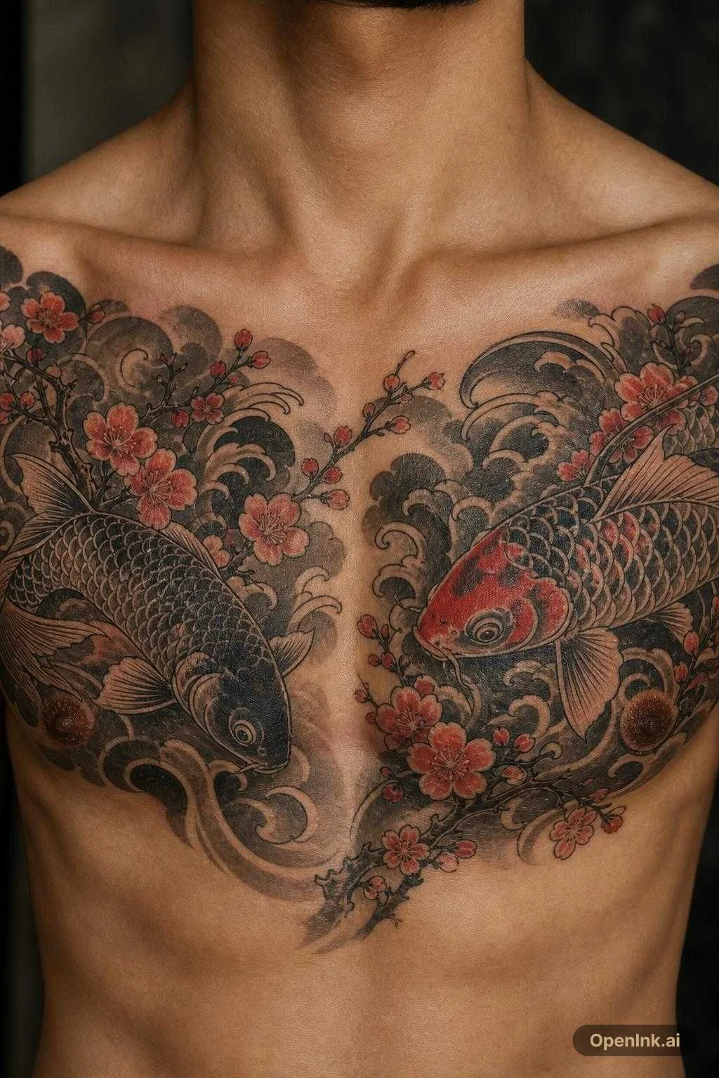 梅花、水墨、錦鯉