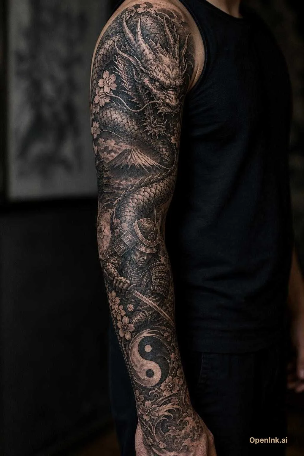Crie um projeto complete de tatuagem oriental para o braço masculino, do...