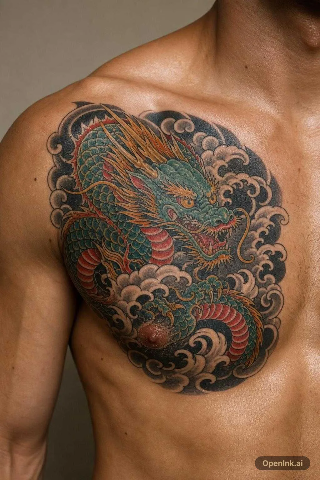 A dragon flying with clouds, on The arm, chest sleeve