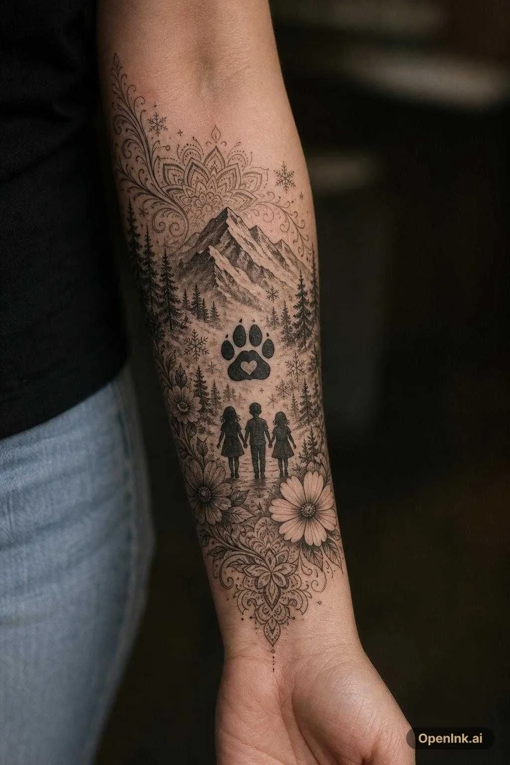 "Create an elegant black and grey wrap-around forearm tattoo with a light...