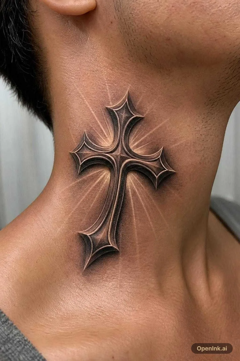 A 3D tattoo design of a curved religious cross designed specifically for...