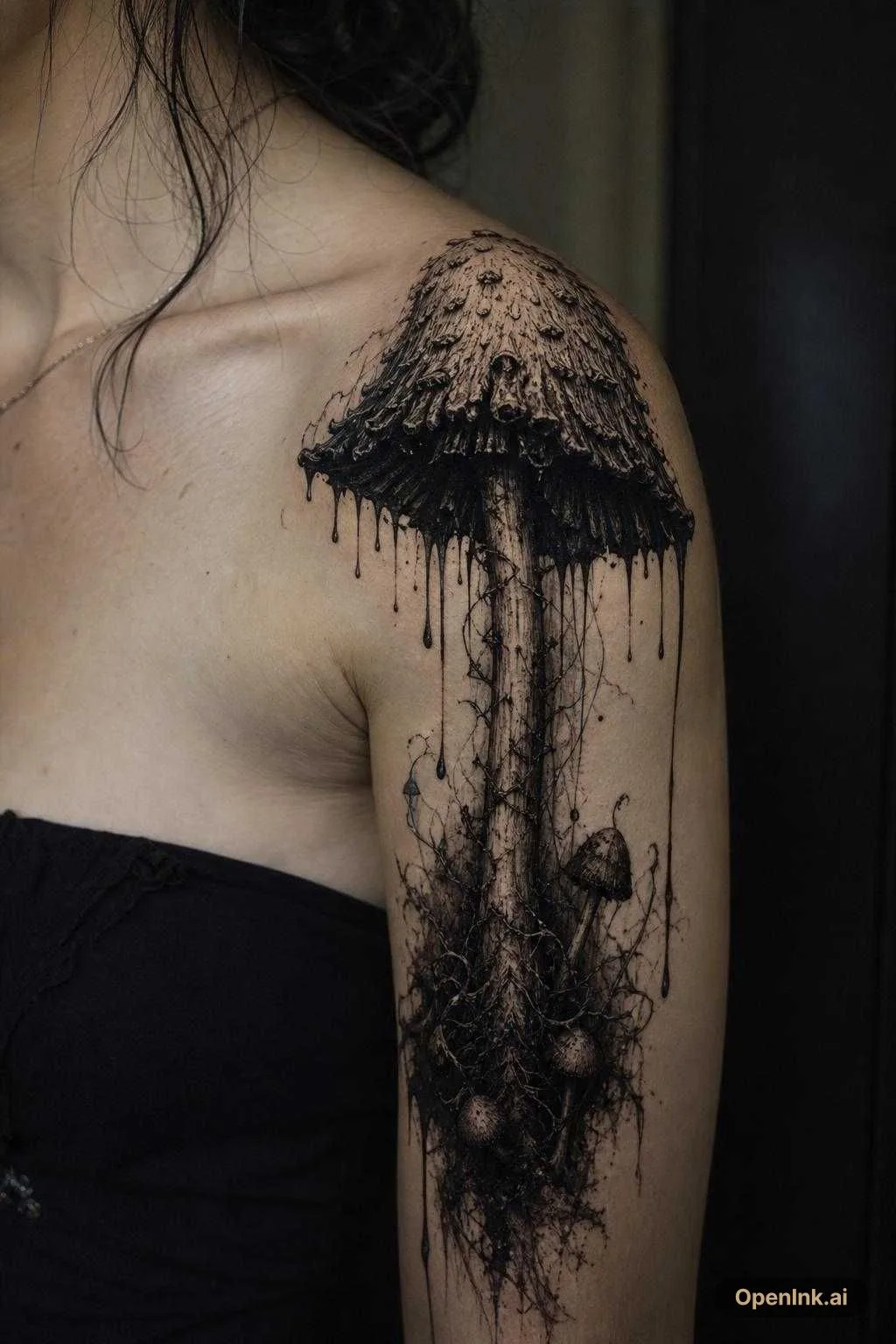 根據呢個想法生成嘅 AI 紋身設計:Large blackwork tattoo design of a Coprinus comatus mushroom growing from...