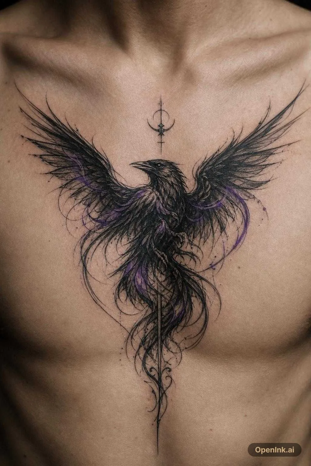 根據呢個想法生成嘅 AI 紋身設計:A single black raven as the only subject, tattoo design, black ink as the...