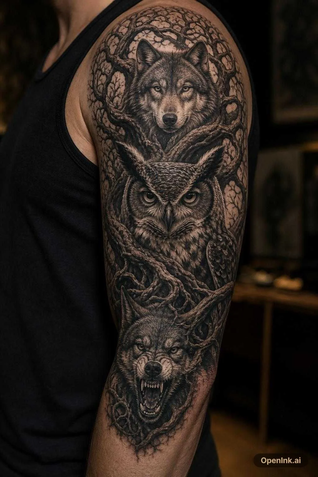 yddrasil background, good wolf over the owl, owl in the middle, bad wolf...