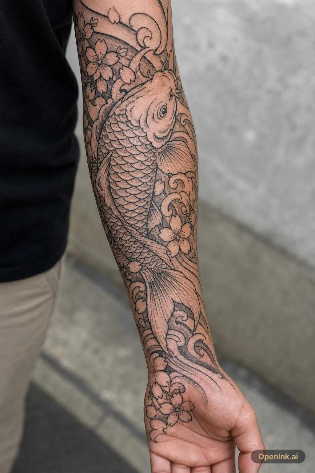 Traditional Japanese irezumi tattoo sleeve sketch, koi fish and cherry bl...