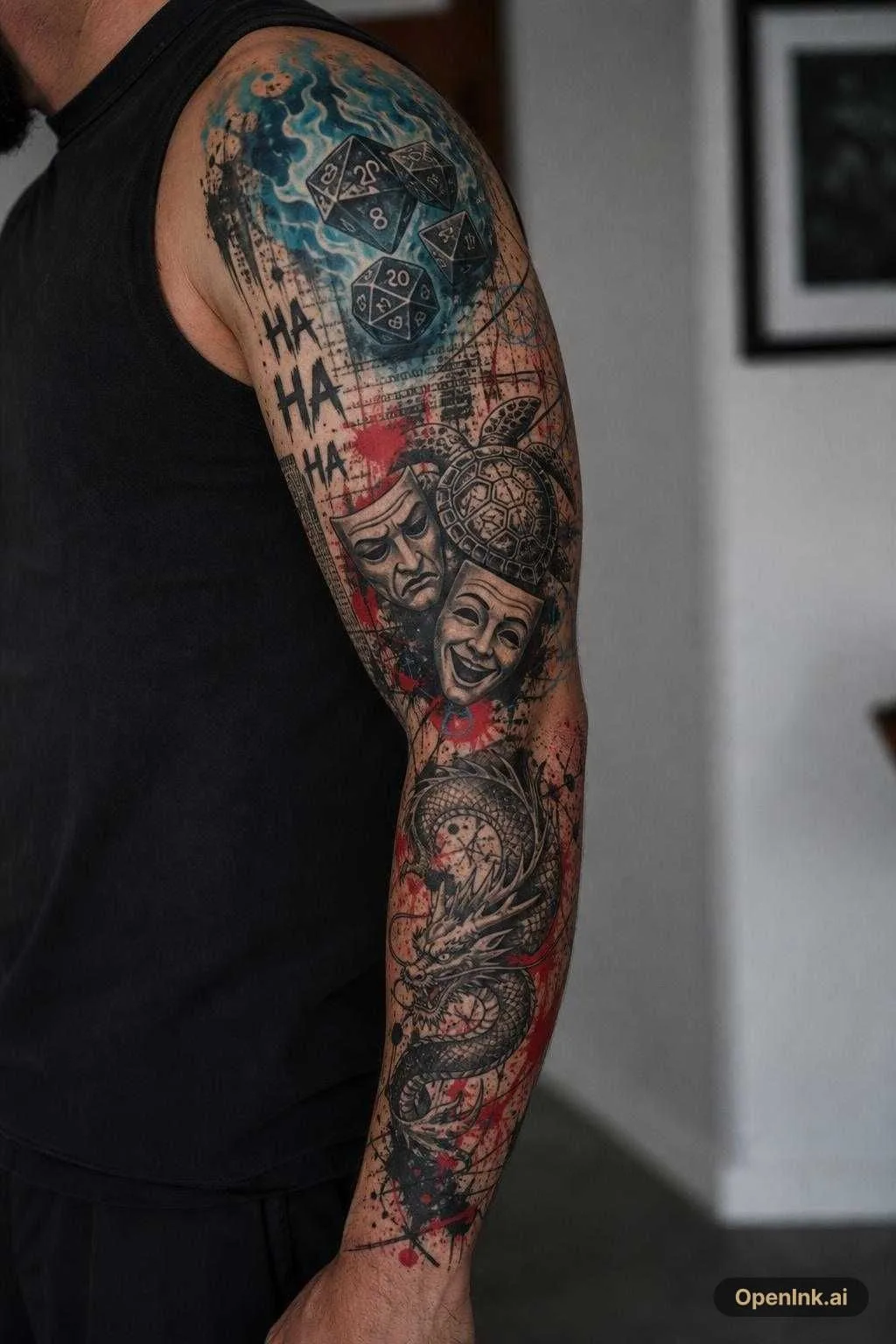 Flaming DnD dice on shoulder, jokers “ha ha ha’s” along my outer upper ar...