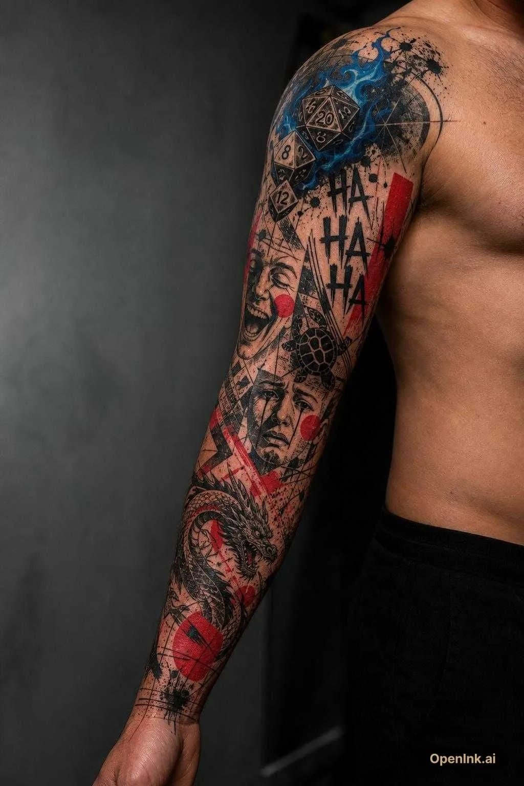 Flaming DnD dice on shoulder, joker “ha ha ha’s”along outer upper arm, dr...