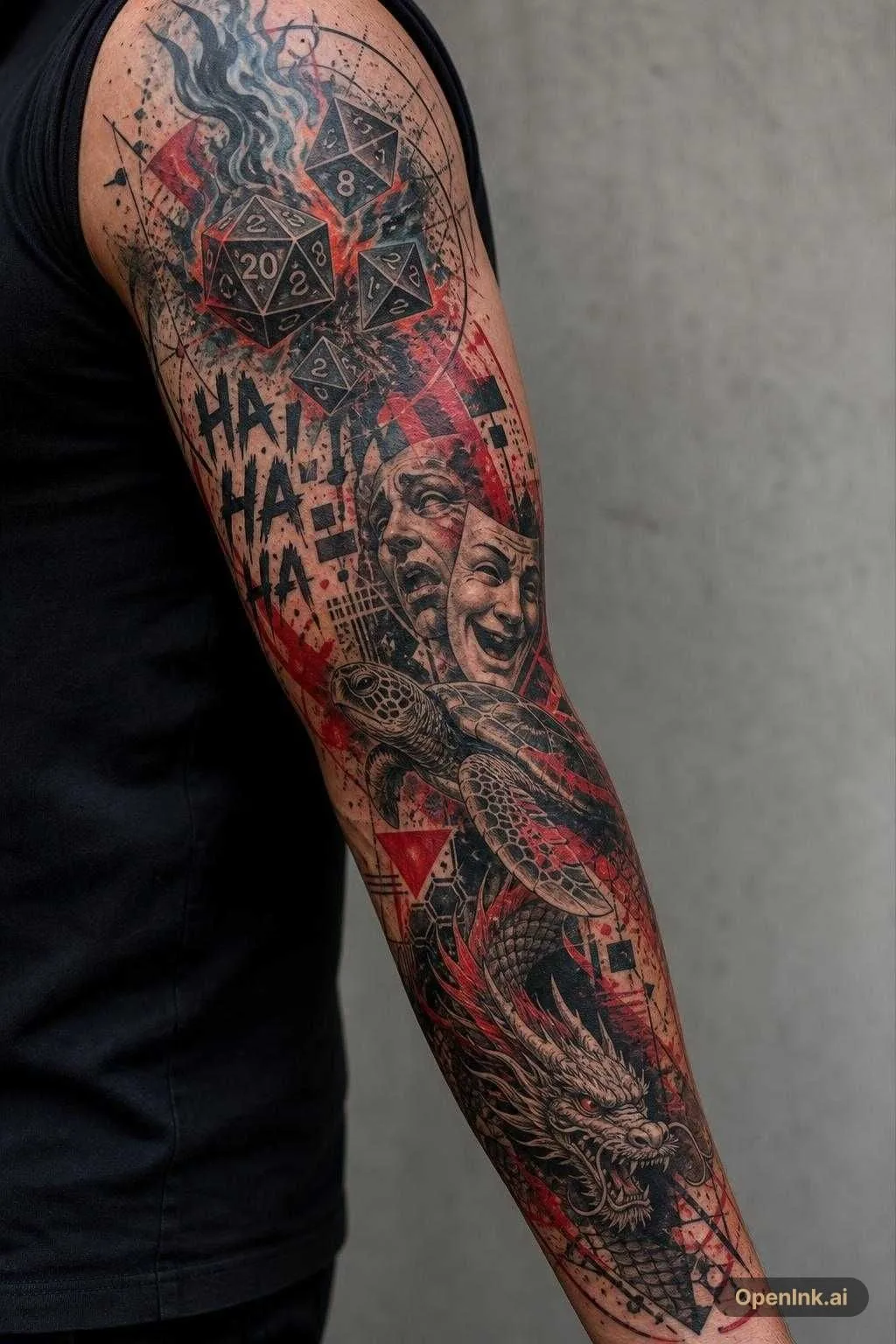 Flaming DnD dice on shoulder, jokers “ha ha ha’s” along my outer upper ar...