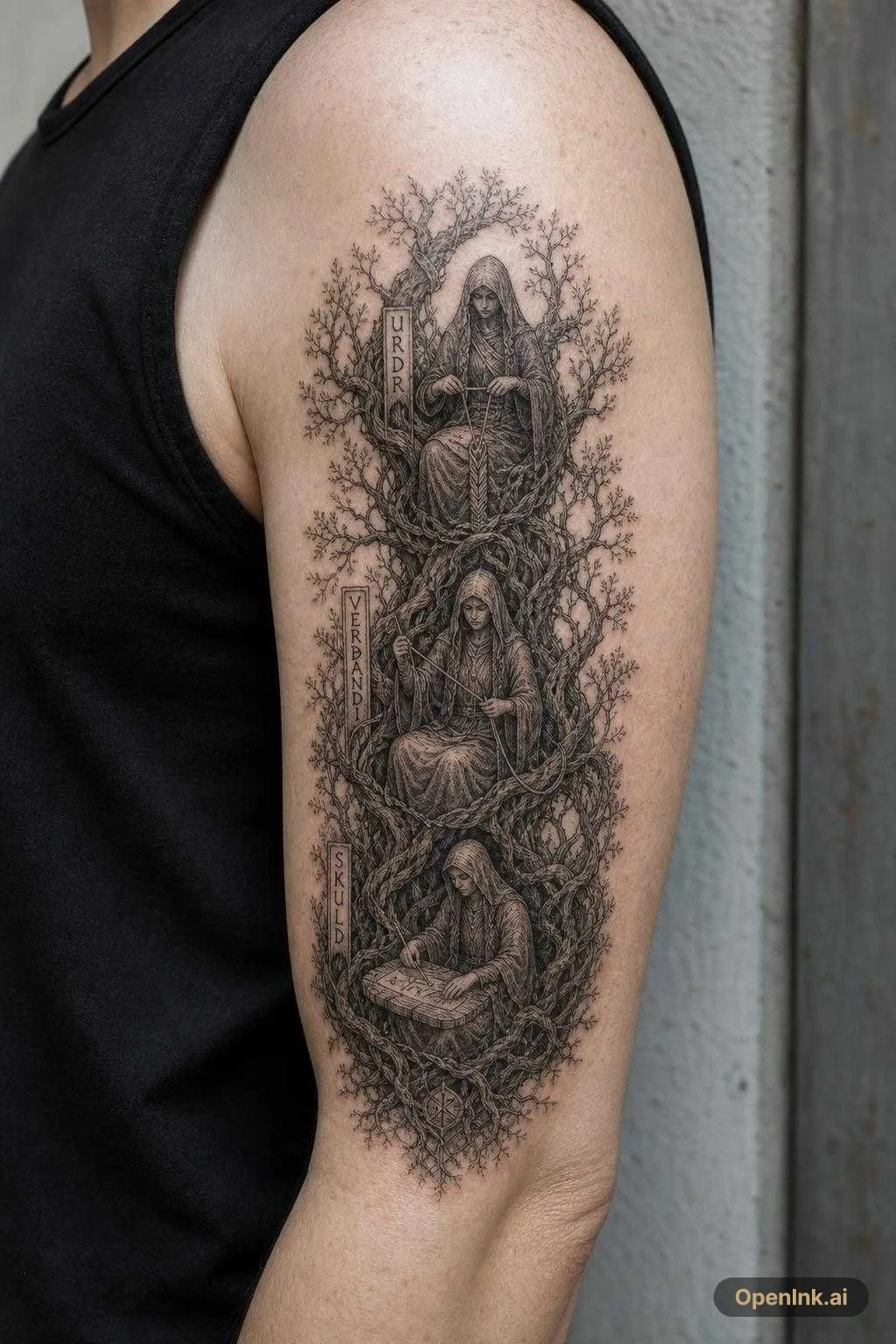 根據呢個想法生成嘅 AI 紋身設計:Please generate a tattoo design sketch of the three Norns from Norse myth...