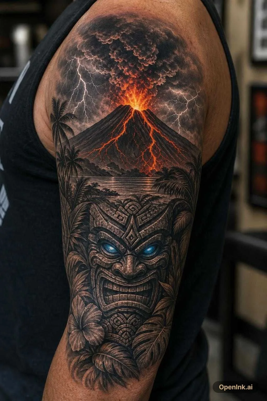 A realistic black and grey erupting volcano with colored lava flowing fro...