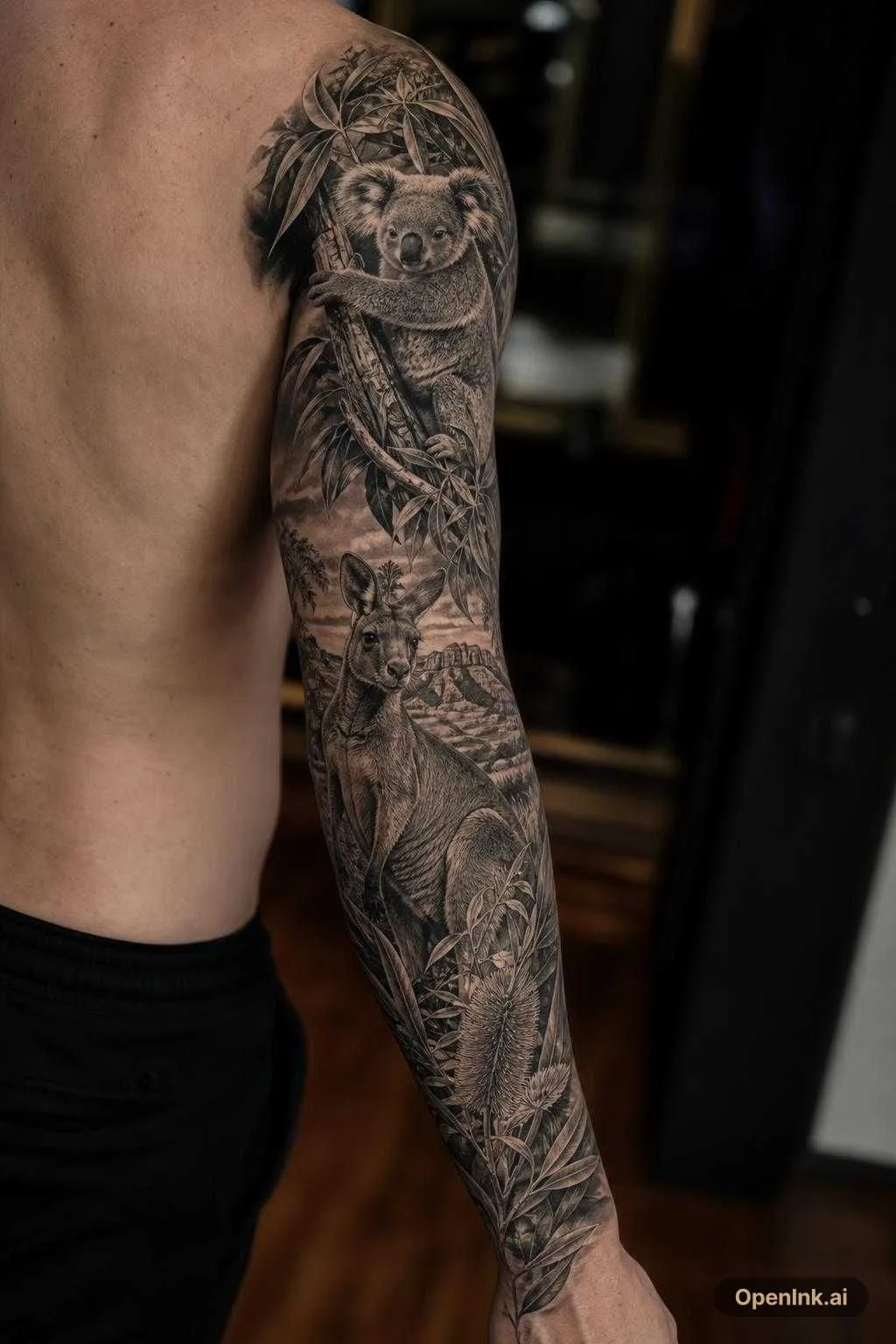 根據呢個想法生成嘅 AI 紋身設計:Australian themed design that flows iconic animals flora and fauna and la...