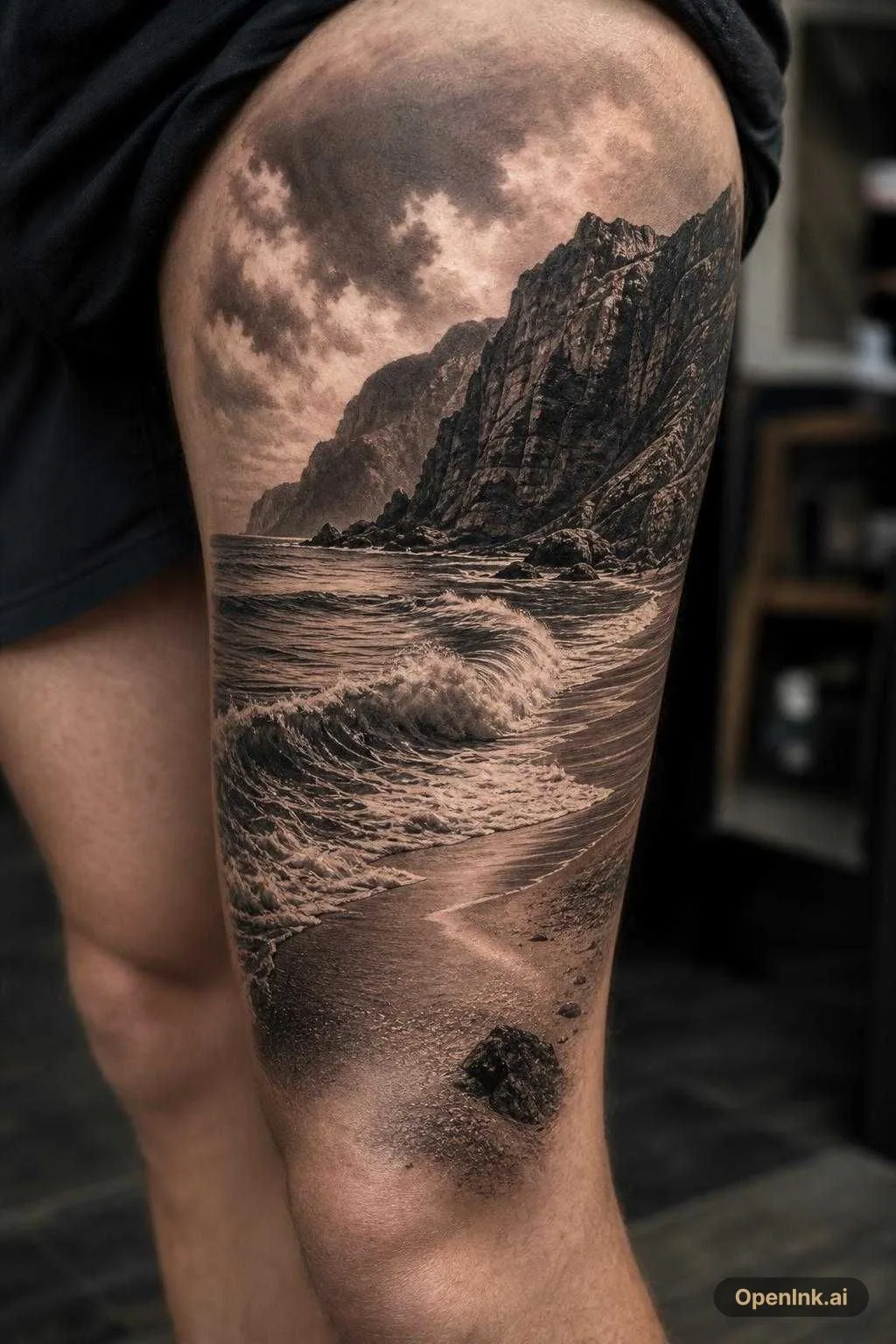 Un paisaje de una playa con unas olas y unos acantilados de fondo