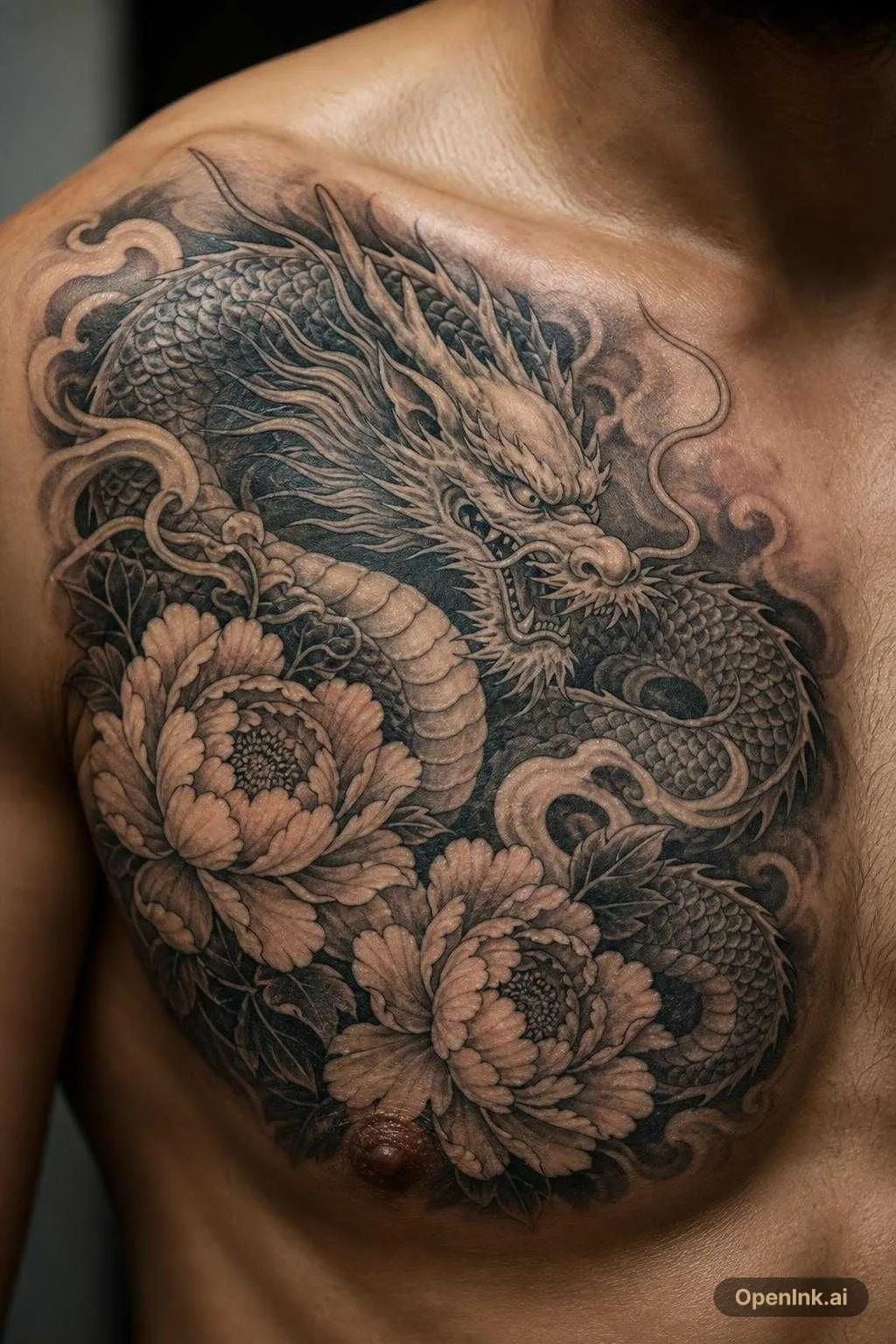 dragon with peonies black and grey
