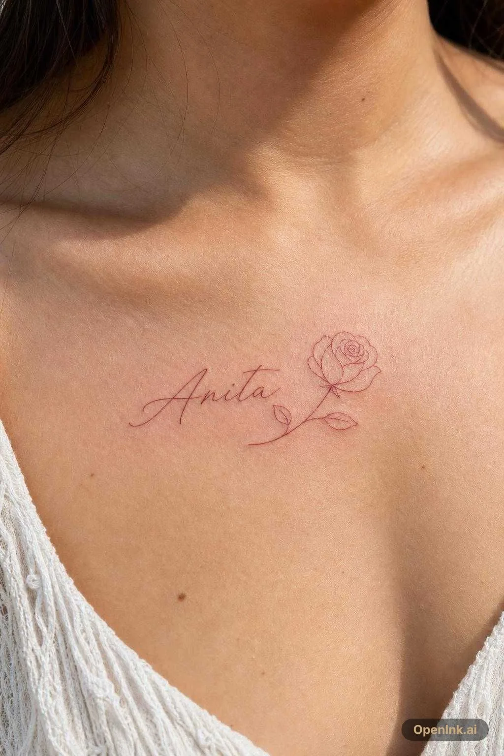 一個英文人名Anita 使用紅色，旁邊帶有玫瑰 大概於鎖骨位置