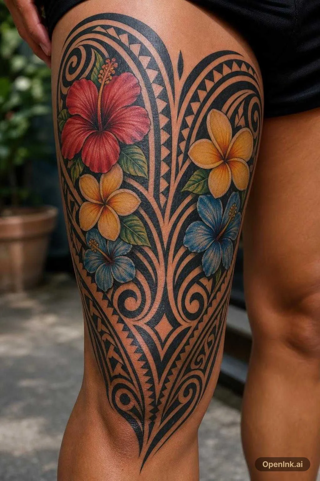 Polynesian black with colorful flowers