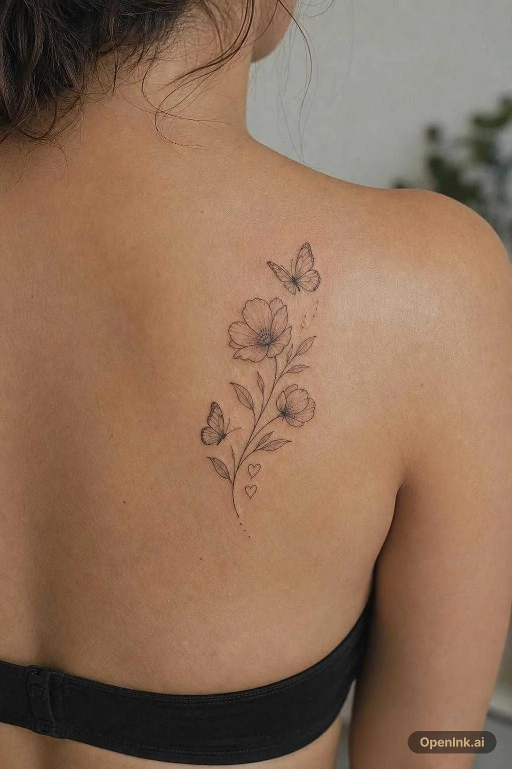根據呢個想法生成嘅 AI 紋身設計:Minimalistische bloemen met vlinders en twee kleine hartjes, elegante lij...