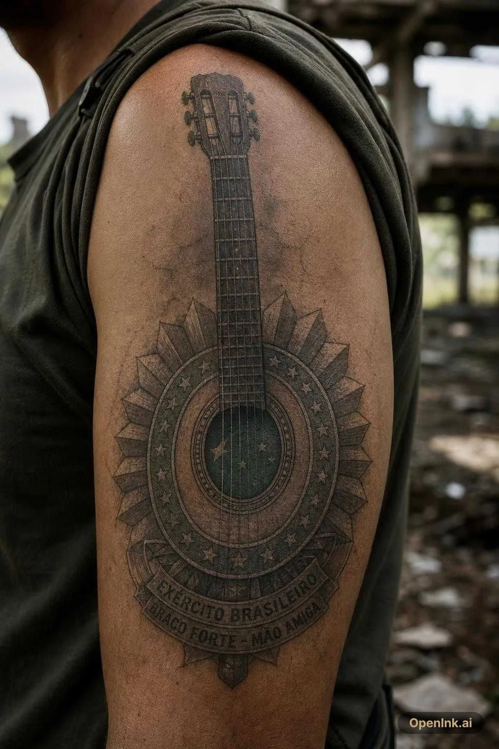 Tatuagem do exército brasileiro junto com violão e inspiração em algum jo...
