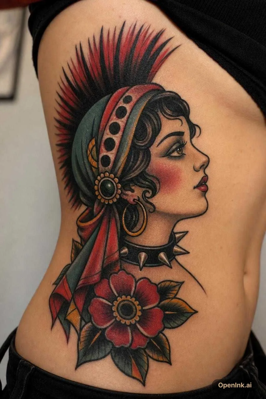 Gypsy girl head with punk rock influence. Side profile