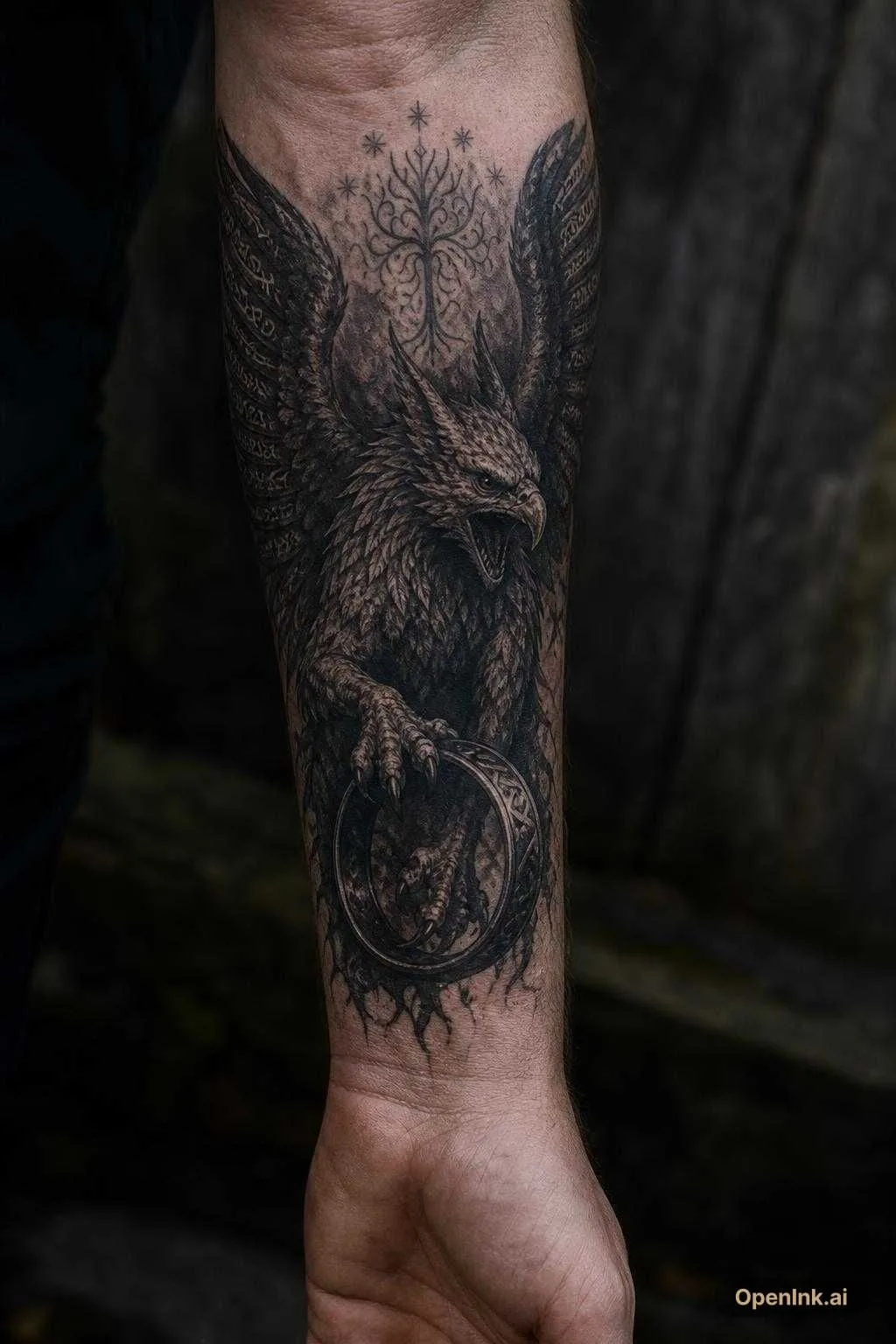 根據呢個想法生成嘅 AI 紋身設計:Lord of the rings fused with The Witcher and Dragon Age: Origins tattoo