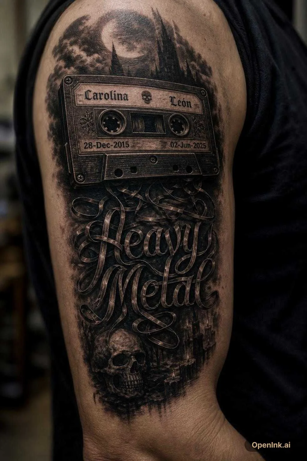 An audio cassette with the tape coming out and forming the words Heavy Me...