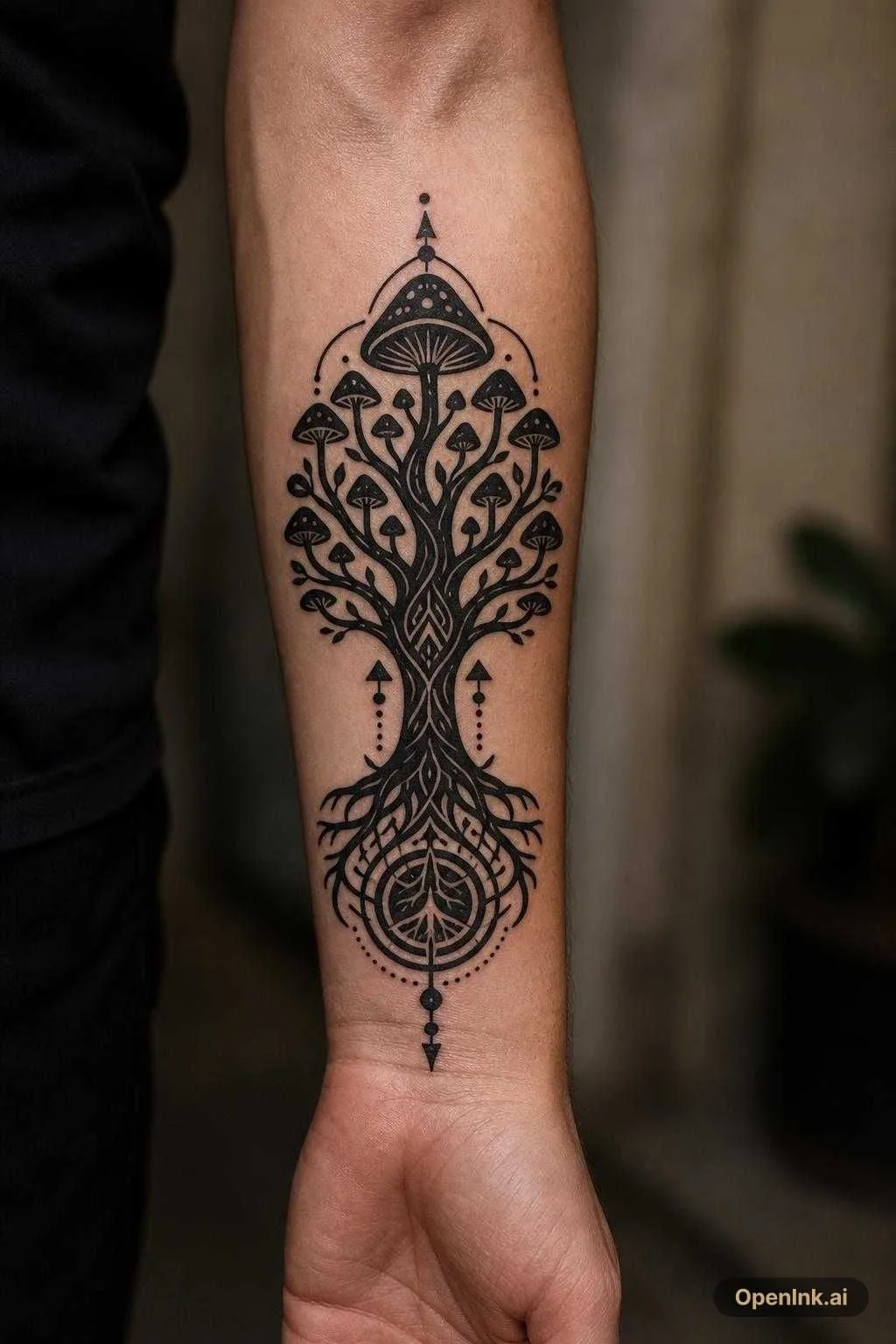根據呢個想法生成嘅 AI 紋身設計:Blackwork mit klarer Silhouette „blackwork mushroom tree of life tattoo f...