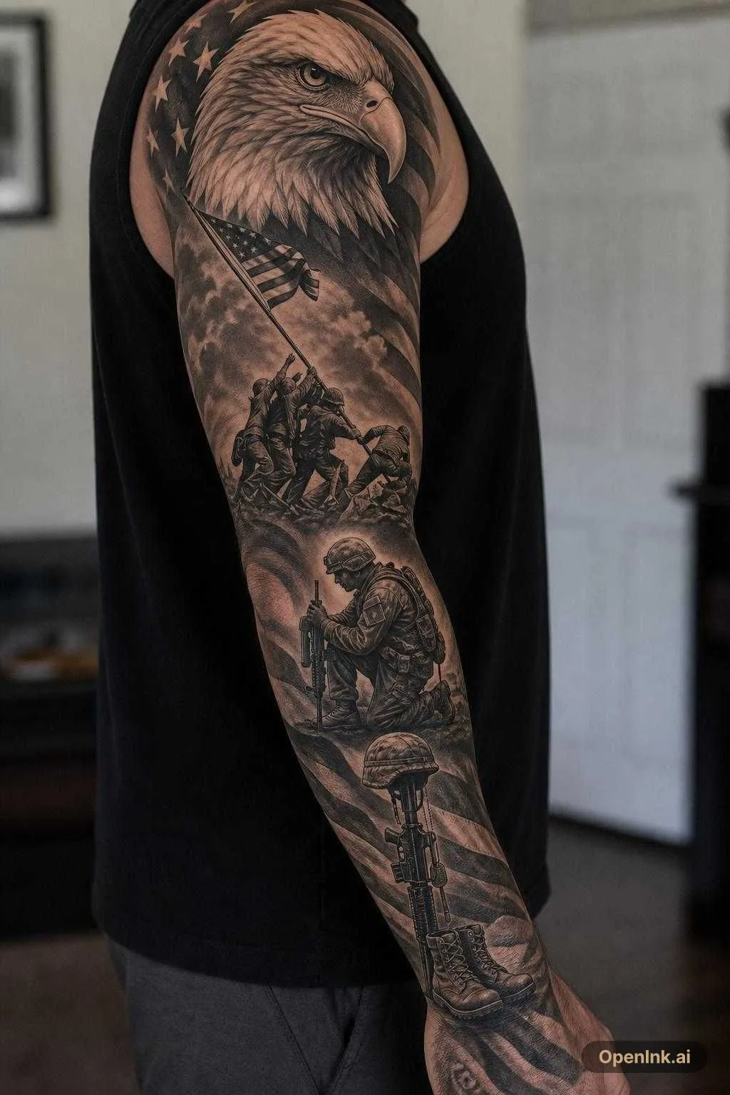 根據呢個想法生成嘅 AI 紋身設計:A cohesive full-sleeve tattoo design in ultra-realistic black and grey re...