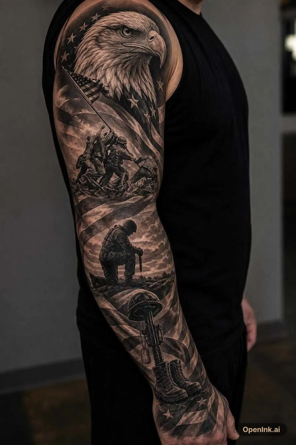 A cohesive full-sleeve tattoo design in ultra-realistic black and grey re...