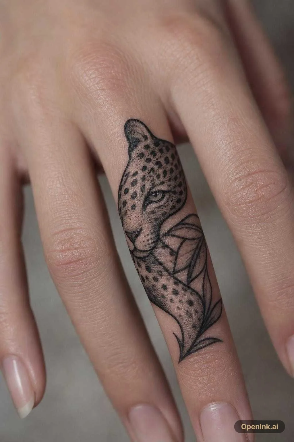 根據呢個想法生成嘅 AI 紋身設計:A badass finger tattoo that is inspired by the feminine predators of the...