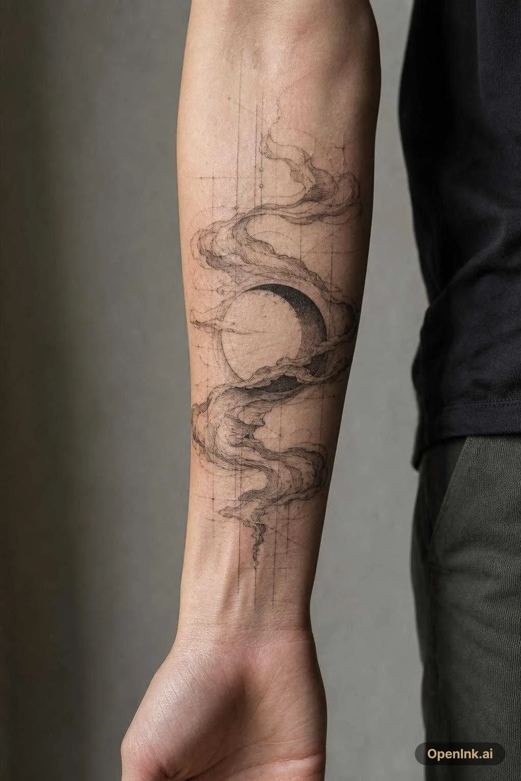 Intérieur d’avant-bras en style blackwork sketch assorti à un tatouage d'...