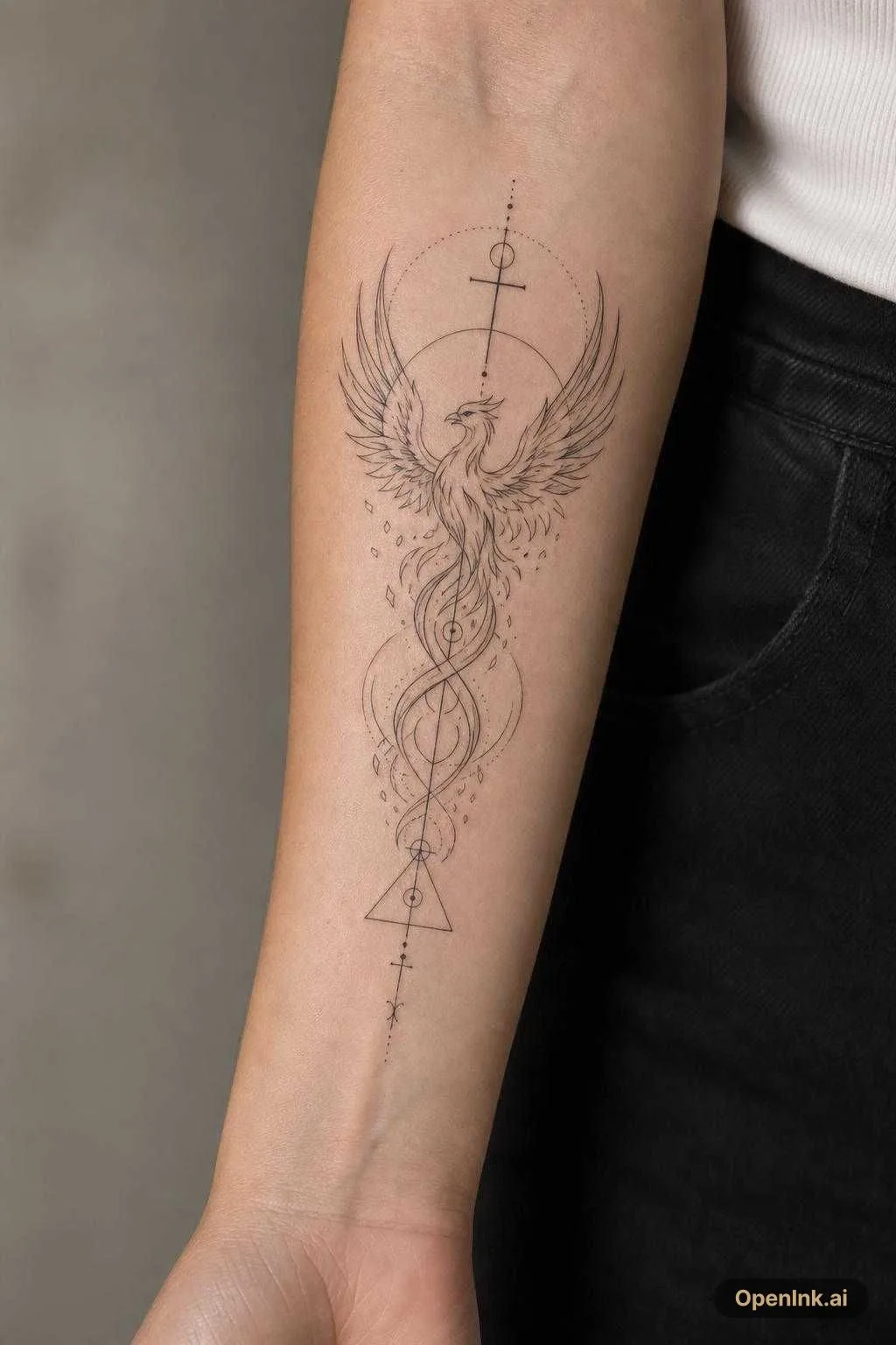 Elegant fine-line black tattoo: a powerful phoenix in constant transforma...