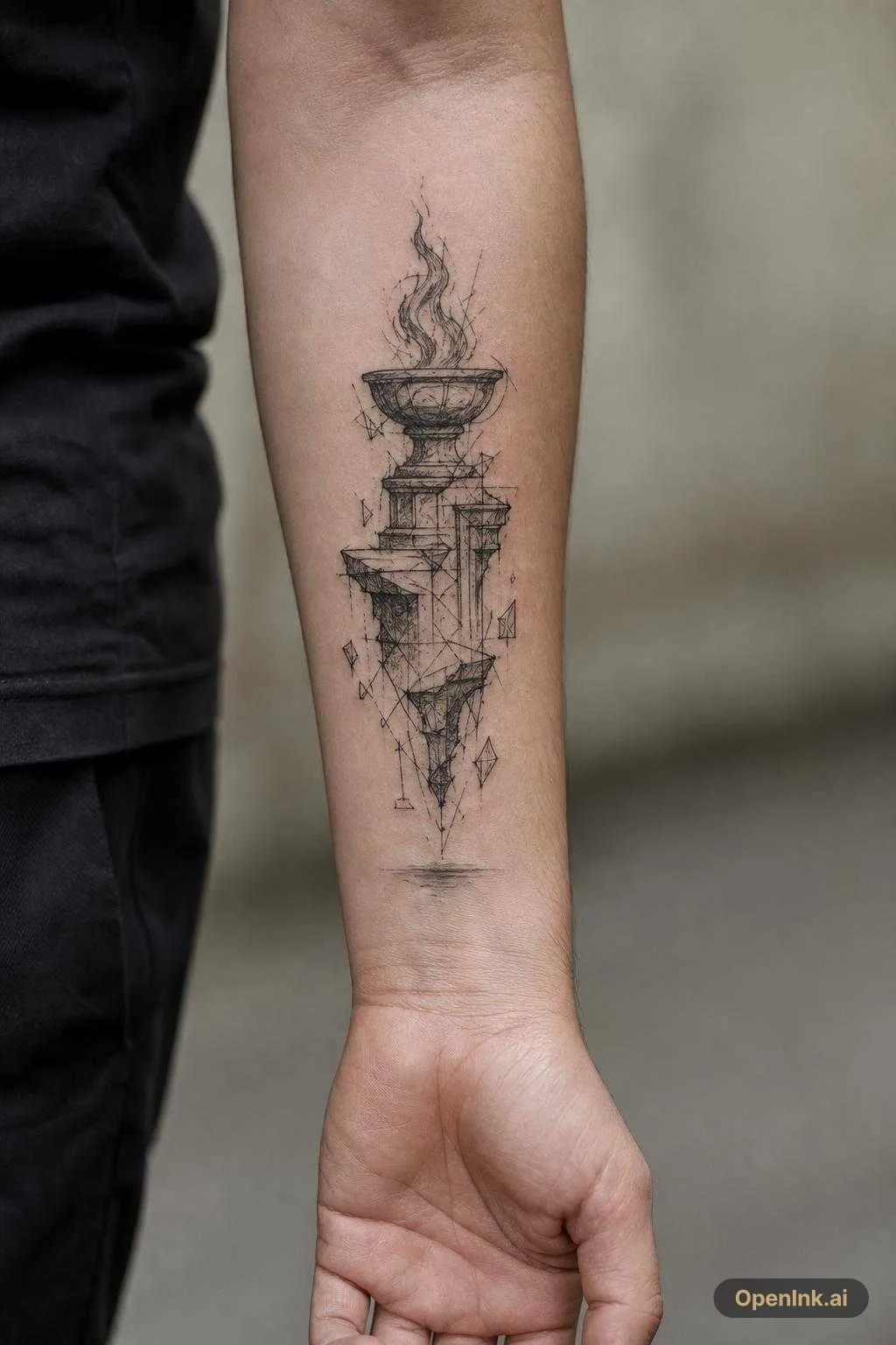 Créer uniquement un brasier antique flottant en style blackwork sketch, s...