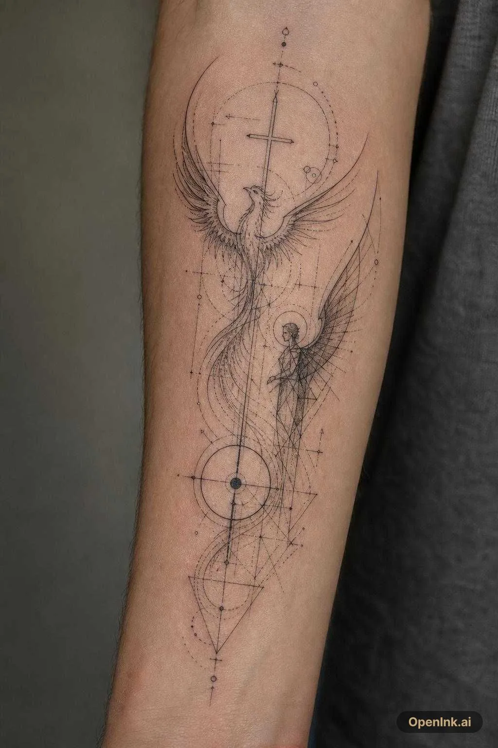 Create a black fine-line conceptual tattoo combining these symbols: a pho...