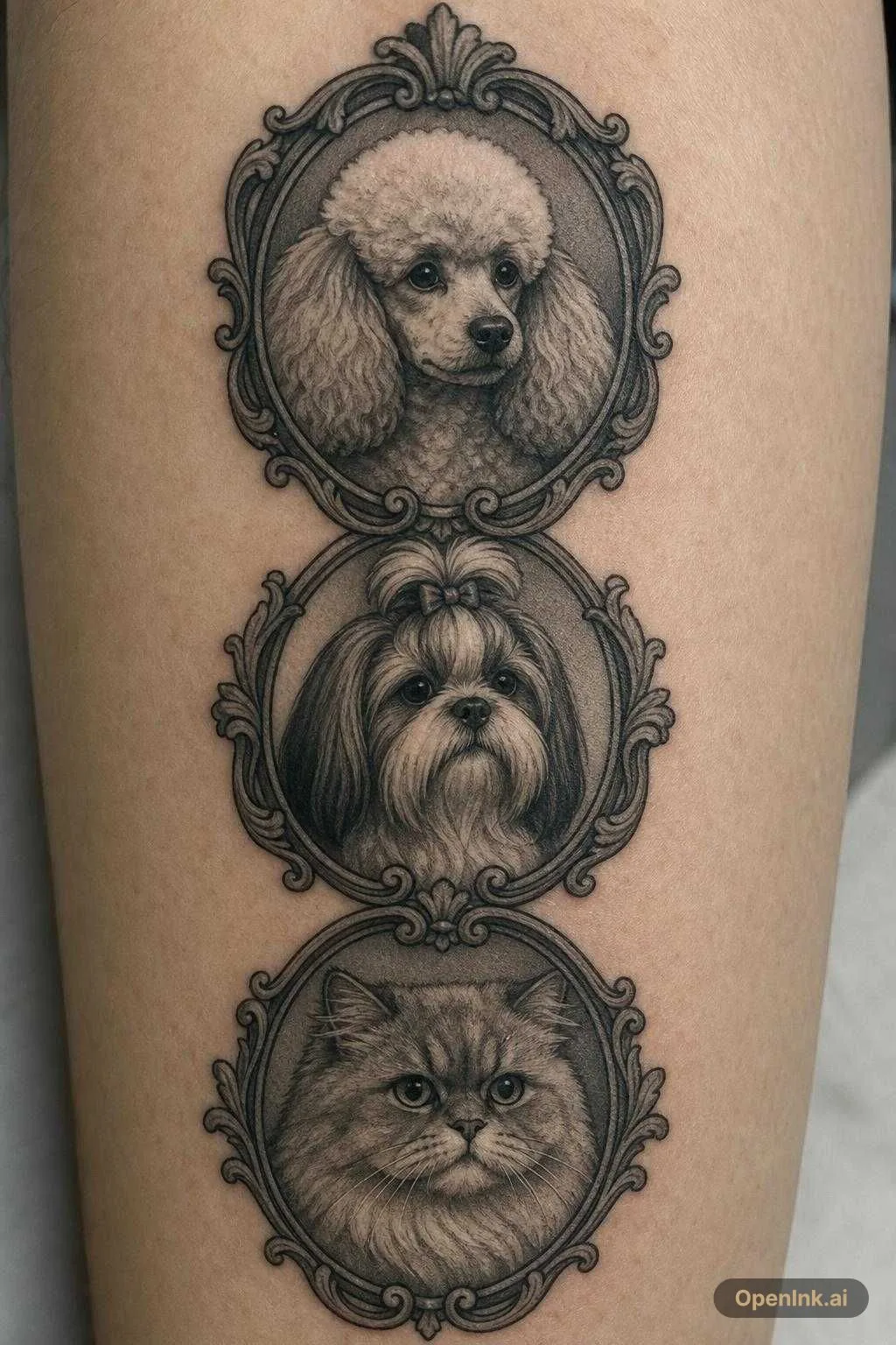 根據呢個想法生成嘅 AI 紋身設計:Vintage tattoo flash art, a Poodle, a Shih Tzu, and a British Longhair ca...