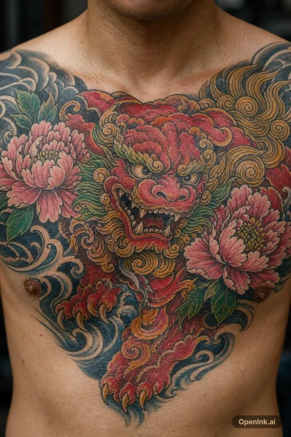 兇猛的唐獅與牡丹