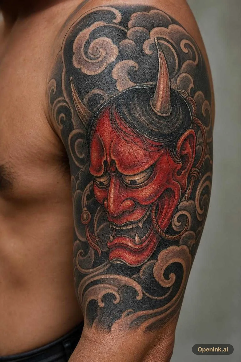 Hannya-Maske der Honnari-Stufe, traditionelles Wabori, leicht nach unten...