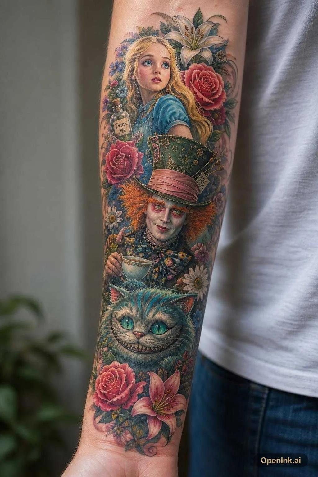 根據呢個想法生成嘅 AI 紋身設計:Forearm tattoo showing 1951 and 2010 Alice in wonderland movies character...