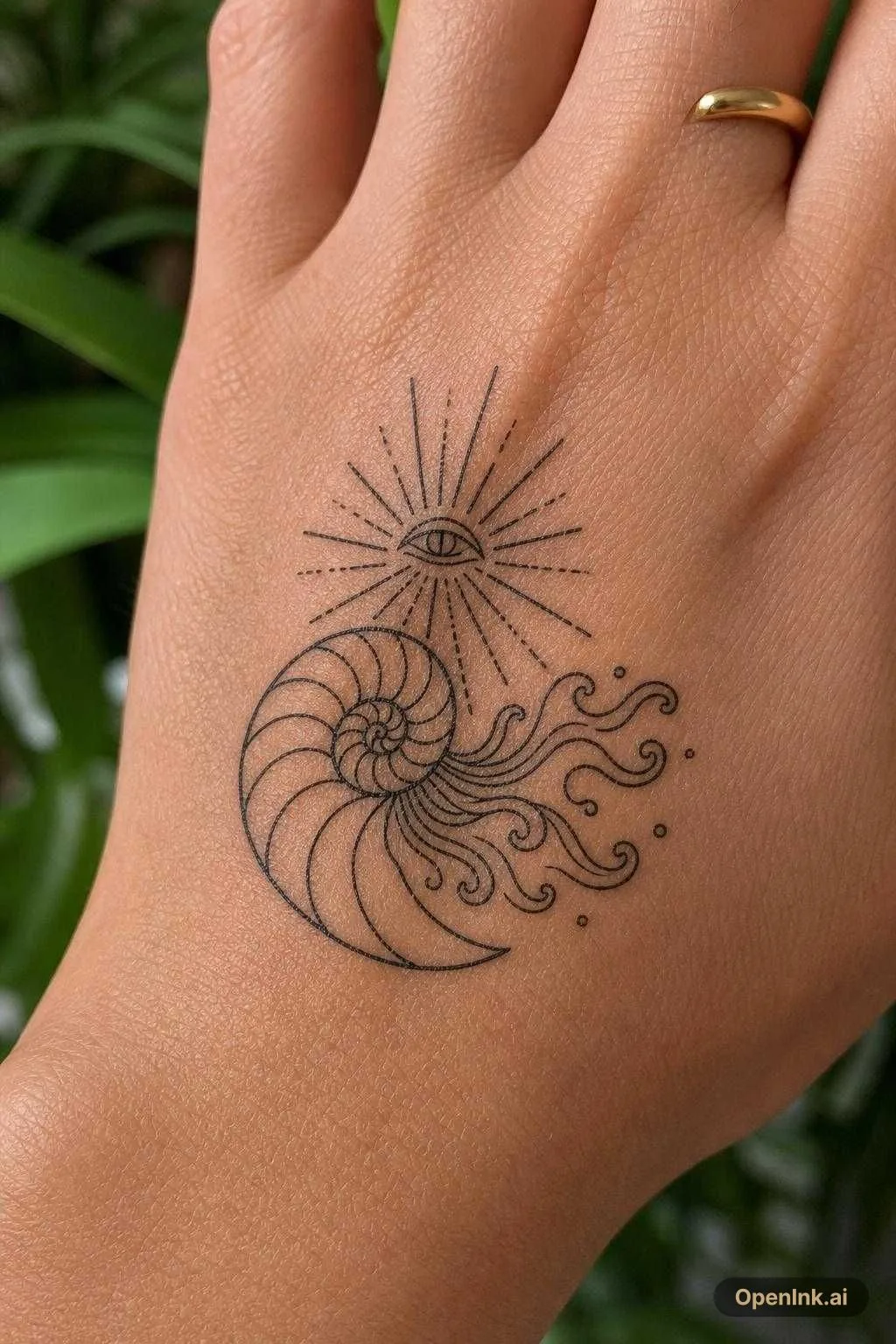 small, clean, simple. nautilus, tentacles becoming waves, sun becoming eye.